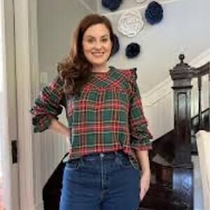 She + Sky Ruffled Green Tartan Plaid Long Sleeve Blouse Top Small Babydoll
